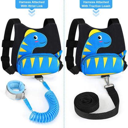 Accmor Toddler Harness with Leash, Cute Dinosaur Kids Harness + Anti Lost Wrist Link, Mini Child Harness Leash Wristband Strap Belt Protector for Baby Boys Girls to Outdoor Travel (Blue)