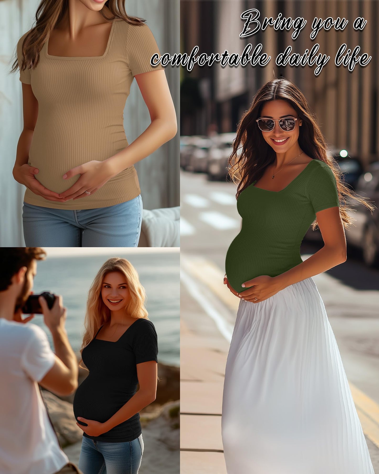 Huukeay 4 Pack Women's Maternity Shirts Cotton Ribbed Short Sleeve Square Neck Pregnancy Tops Side Ruched Summer Tee