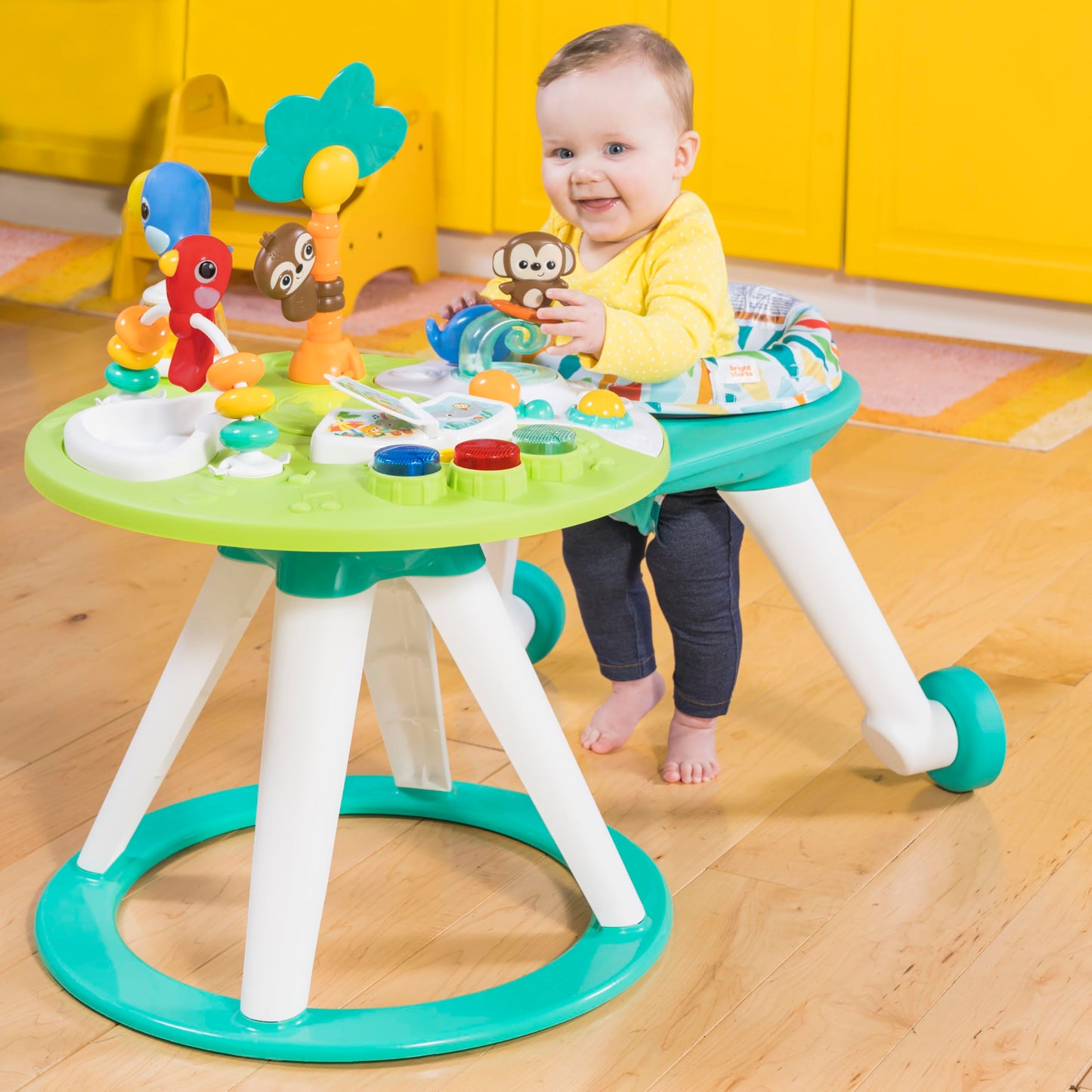 Bright Starts Around We Go 2-in-1 Baby Walker, Discovery Activity Center and Table, Tropic Coral, Ages 6 Months+