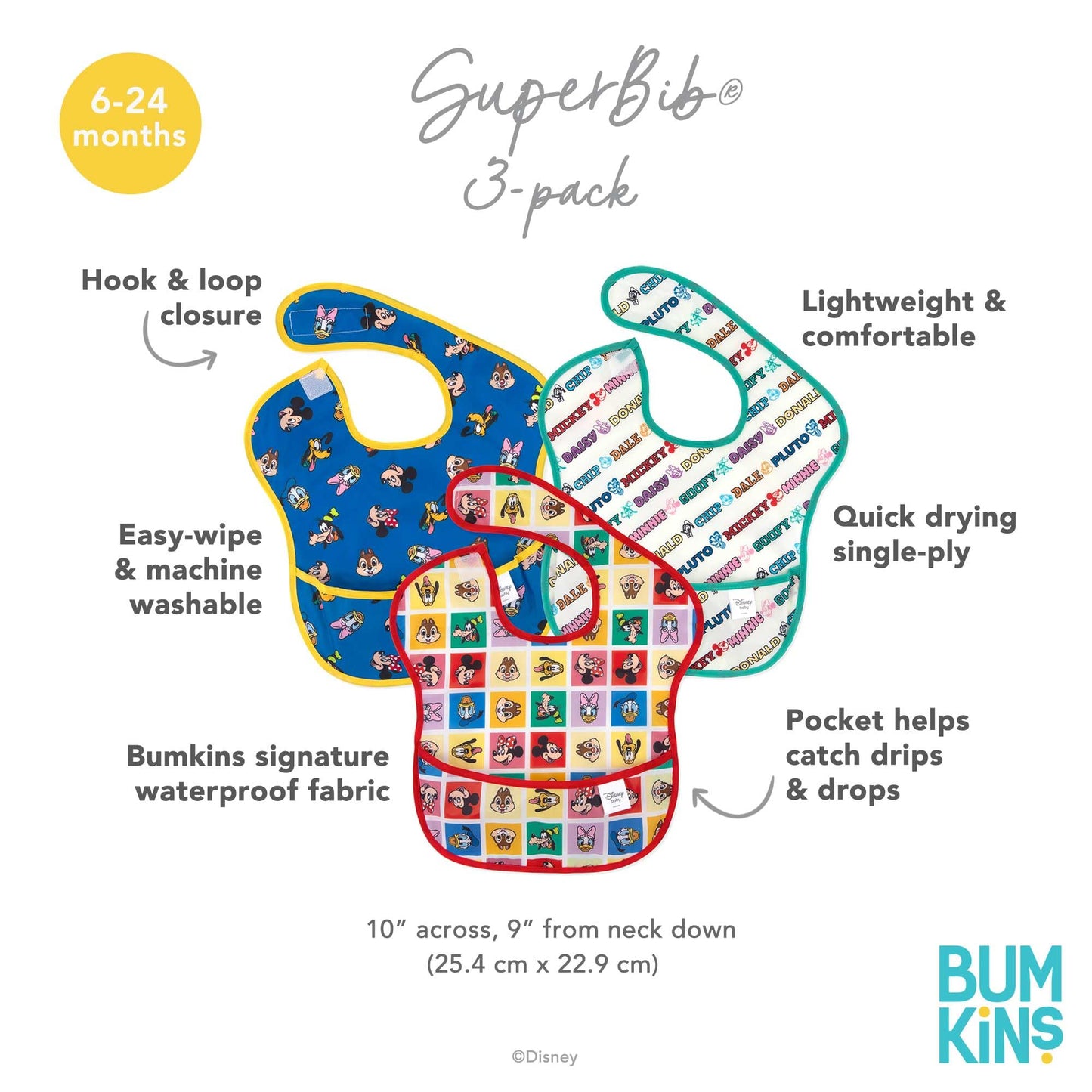 Bumkins Disney Bibs for Girl or Boy, SuperBib Baby and Toddler 6-24 Months, Essential Must Have for Eating, Feeding, Baby Led Weaning, Mess Saving Waterproof Soft Fabric, 3-pk Pooh Bear and Friends