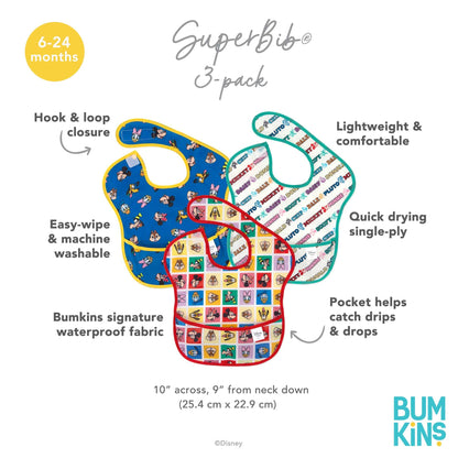 Bumkins Disney Bibs for Girl or Boy, SuperBib Baby and Toddler 6-24 Months, Essential Must Have for Eating, Feeding, Baby Led Weaning, Mess Saving Waterproof Soft Fabric, 3-pk Pooh Bear and Friends