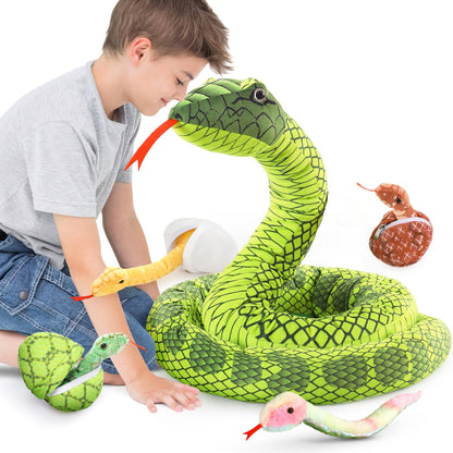 MorisMos Snake Stuffed Animals Plush Toy 120 Inch Giant Snake Plush with Babies Stuffed Snake Toys for Kids Plush Party Decorations Favors Prank Props, 4 Snake Babies, 3 Snake Eggs
