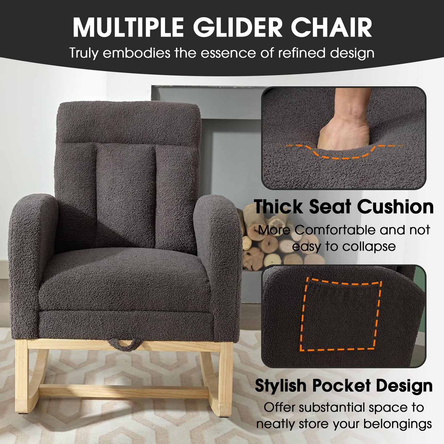 NIOIIKIT Modern Nursery Rocking Chair, Teddy Upholstered Rocking Chair with Footrest, Comfortable Glider Rocker with Side Pocket for Living Room, Bedroom, Nursing Room (Beige)