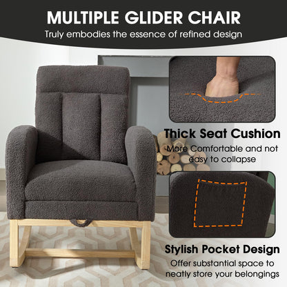 NIOIIKIT Modern Nursery Rocking Chair, Teddy Upholstered Rocking Chair with Footrest, Comfortable Glider Rocker with Side Pocket for Living Room, Bedroom, Nursing Room (Beige)