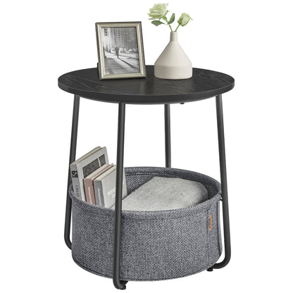 VASAGLE End Table, Small Bedside Table with Fabric Basket, Modern Nightstand, Round Side Table, for Living Room, Bedroom, Matte White and Camel Brown ULET223W10