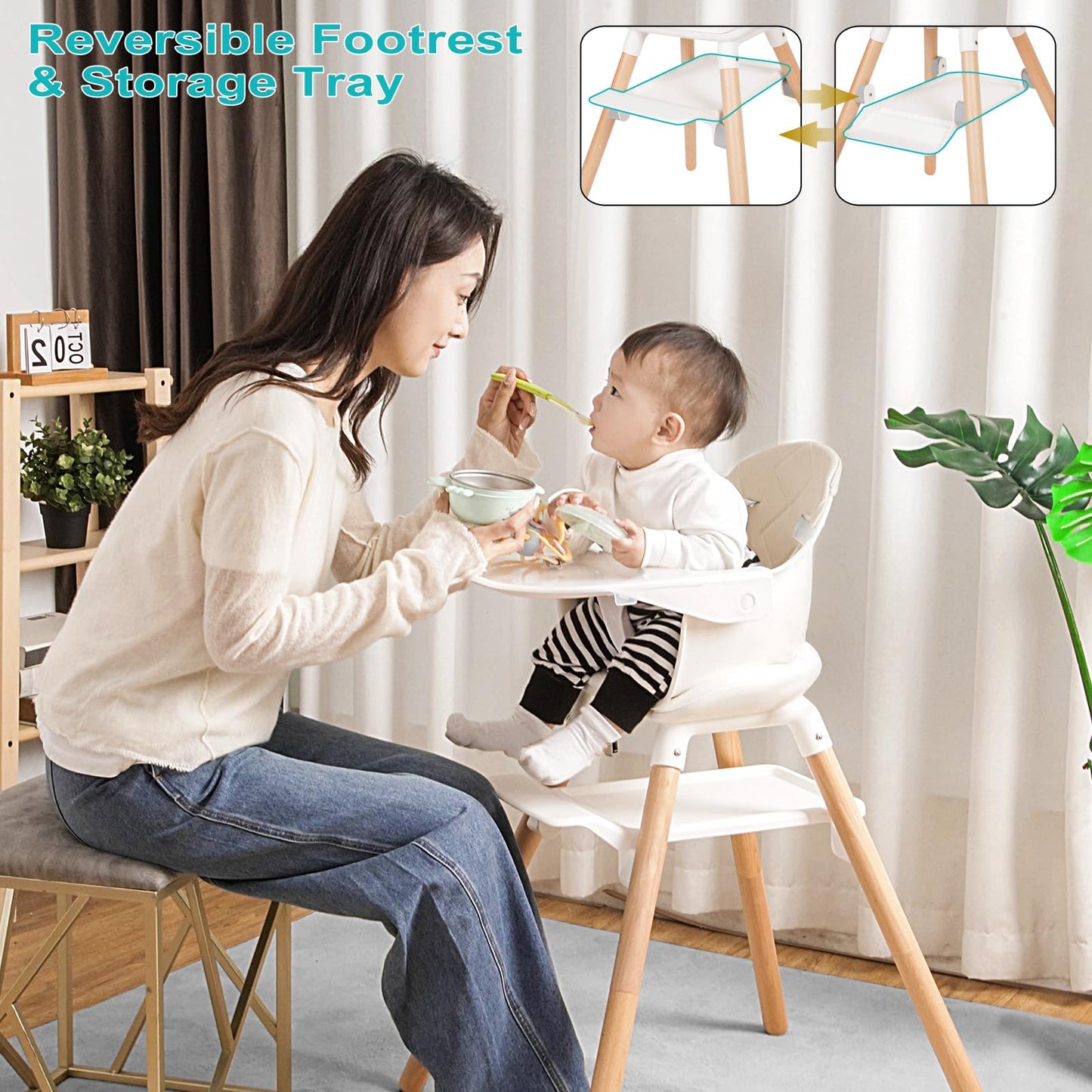 Baby High Chair, 6 in 1 Wooden Convertible High Chairs for Babies and Toddlers, Booster Seat with Double Tray & Reversible Footrest, 5-Point Harness Infants Feeding Seat, Black