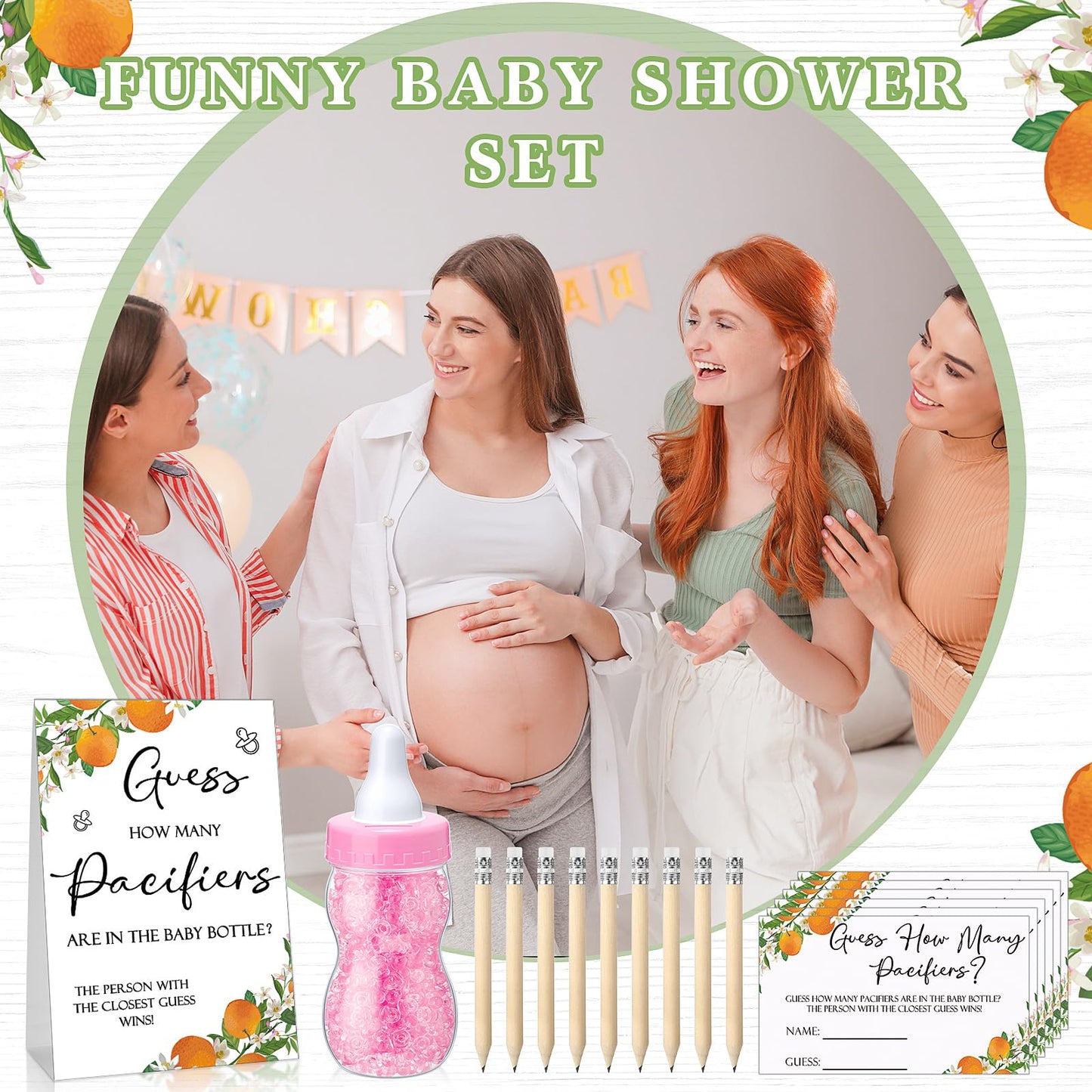 Roowest 512 Pcs Baby Shower Games Guess How Many Pacifiers Sign 100 Small Guessing Games 10 HB Pencils 750ml Milk Bottle 400 Acrylic Pacifiers Decoration for Guest Gender Reveal(Pink,Bear)