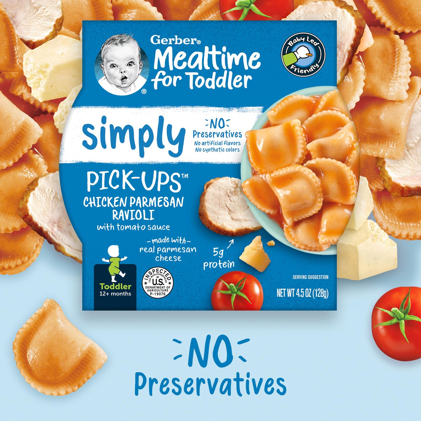 Gerber Pick-Ups Chicken and Parmesan Cheese Ravioli in Tomato Sauce Toddler Meals, 4.5 Oz Tray (Pack of 8)