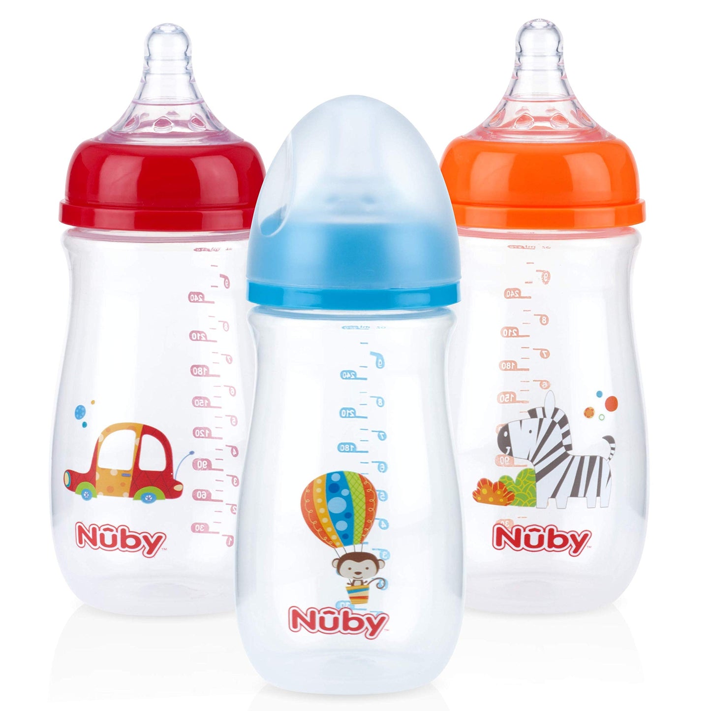 Nuby Tritan Wide Neck Non-Drip Bottles with Anti-Colic Air System: 9oz./ 270 Ml, 3 Pack, 0M+, Purple/Pink/Orange