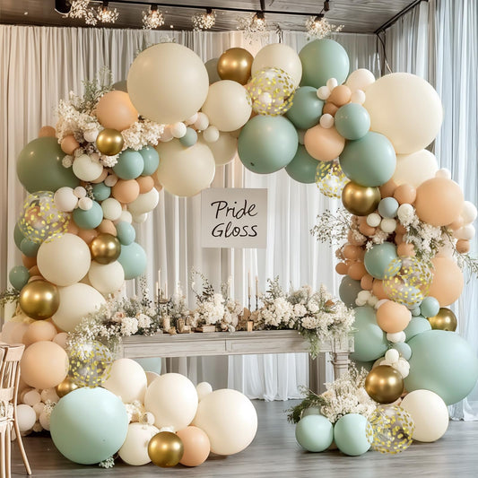 Sage Green Pink Balloon Arch Kit, Olive Green Light Pink Sand White Blush Metallic Gold Balloons with Gold Confetti Balloons for Girl Birthday Woodland Baby Shower Jungle Safari Decorations