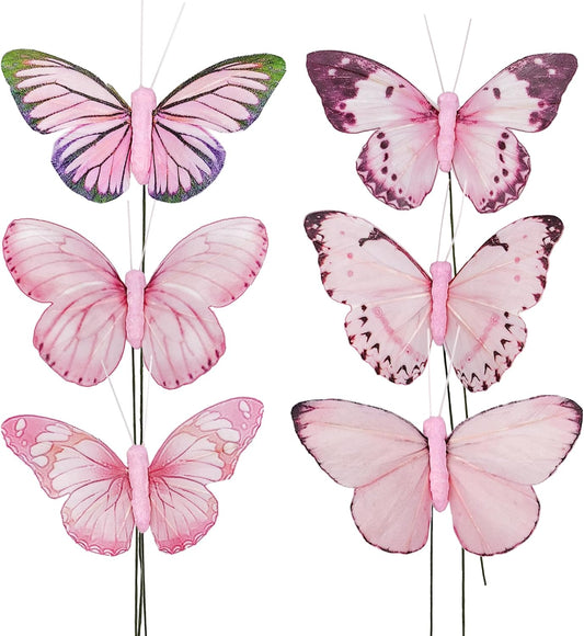 Berfutall-Artificial Feather 3D Butterfly Party Decorations Set of 12 with Wire 6 Pink Color Ornaments for Christmas Tree