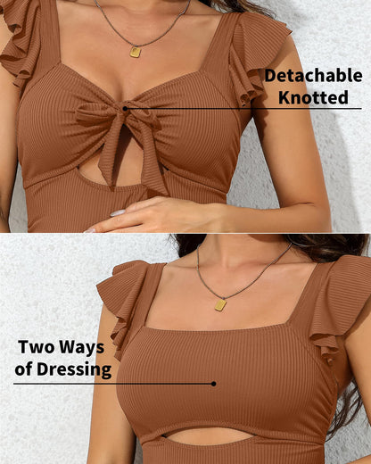 Charmo Ruffle Maternity Bathing Suits for Women Ribbed Tie Knot Maternity Swimsuit Cutout Ruched Pregnancy Swimwear