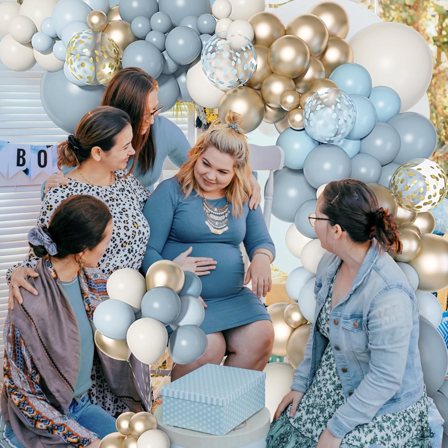 Ouddy Life 180pc Dusty Baby Balloons Arch Garland Kit, Blue Baby Shower Decorations Boy with Fog, Sand, White, Chrome, Gold, Champagne Balloons for Birthday, Boho, Bridal Shower Party Decor