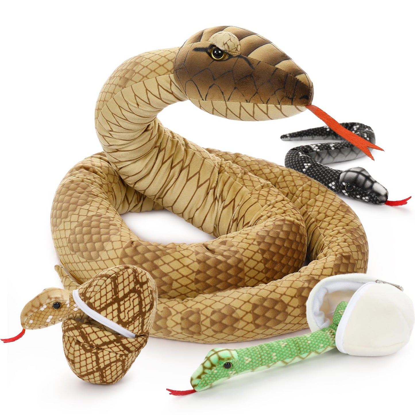 MorisMos Snake Stuffed Animals Plush Toy 120 Inch Giant Snake Plush with Babies Stuffed Snake Toys for Kids Plush Party Decorations Favors Prank Props, 4 Snake Babies, 3 Snake Eggs