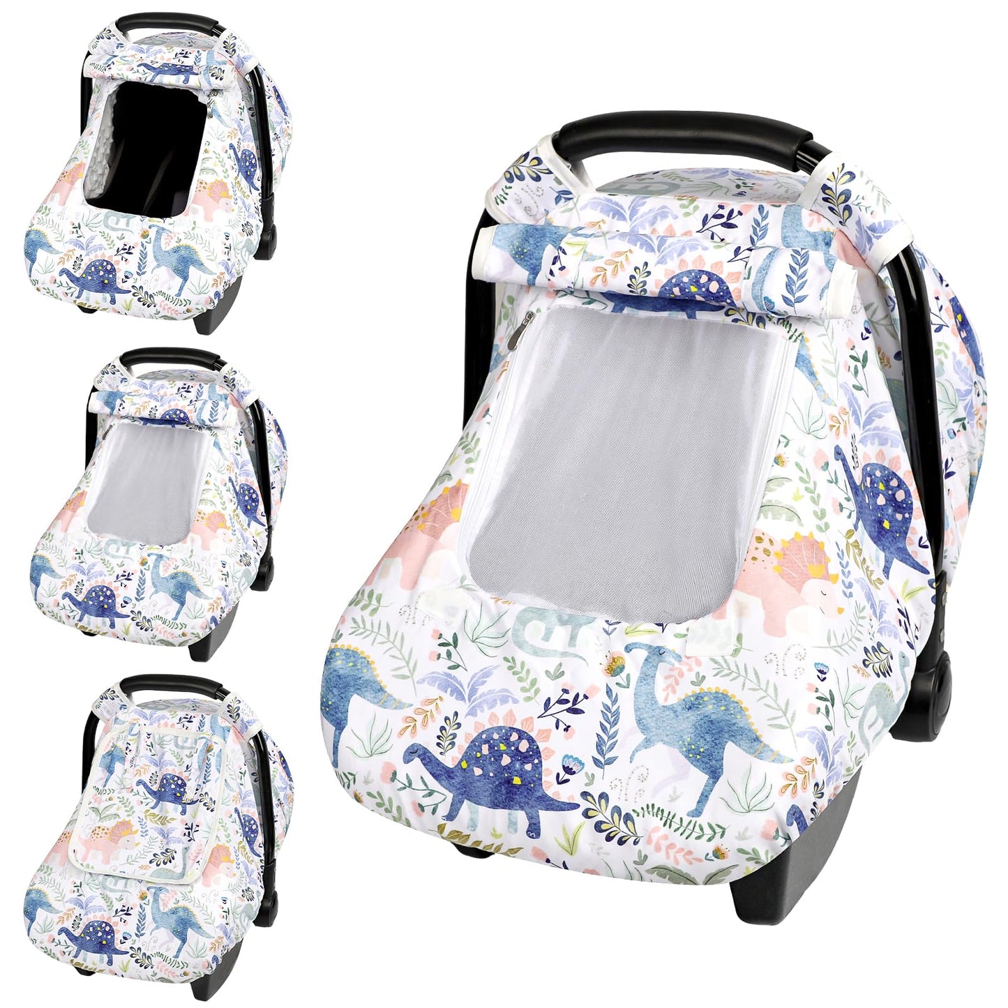 Pea Pod Car Seat Cover Baby, Infant Car Seat Canopy Covers for Newborn with 2 Layers Windows of Breathable Mesh Fabric, Lightweight Polyester/Soft Minky Dot Backing (Floral & Rainbow)