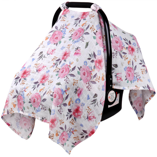 Rquite Car Seat Cover, Muslin Cotton Infant Car Seat Canopy, Breathable Baby Carrier Cover, Summer Stroller Sun Shade, Flower