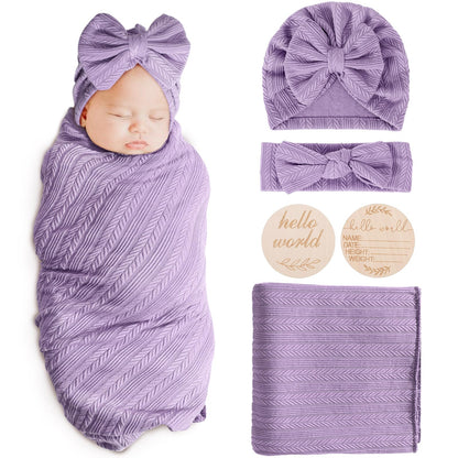 Newborn Receiving Blanket with Bow Hat Mittens Wooden Card Set Wheat-Pattern Newborns Toddler Baby Boy Girl Nursery Swaddle Wrap