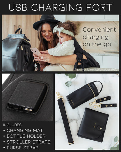 Leather Diaper Bag Backpack with USB Charging port, Changing Pad, Stroller Straps, and Bottle Holder (Brown Olivia)