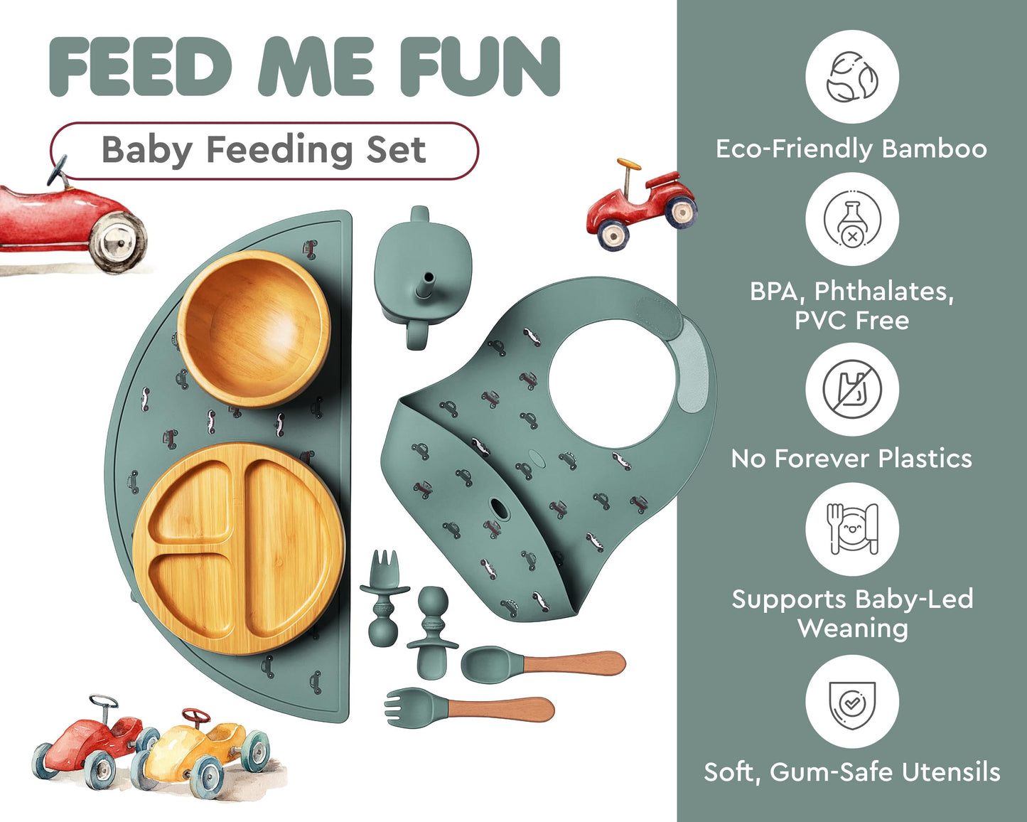 Bamboo Baby Feeding Set for Infants & Toddlers - Baby Essentials, Non-Toxic, Sustainable, Bamboo Suction Plate & Bowl, Bib, Sippy Cup w/Lid & Straw, Daily Use, Travel, Baby Shower Gifts (Pink)