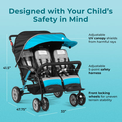 Gaggle by Foundations Compass Quad 4 Seat Stroller | 4-Seat Stroller for Daycare | Oversized UV Blocking Canopy | 5-Point Harness | Easy Loading | Storage Bucket | Black