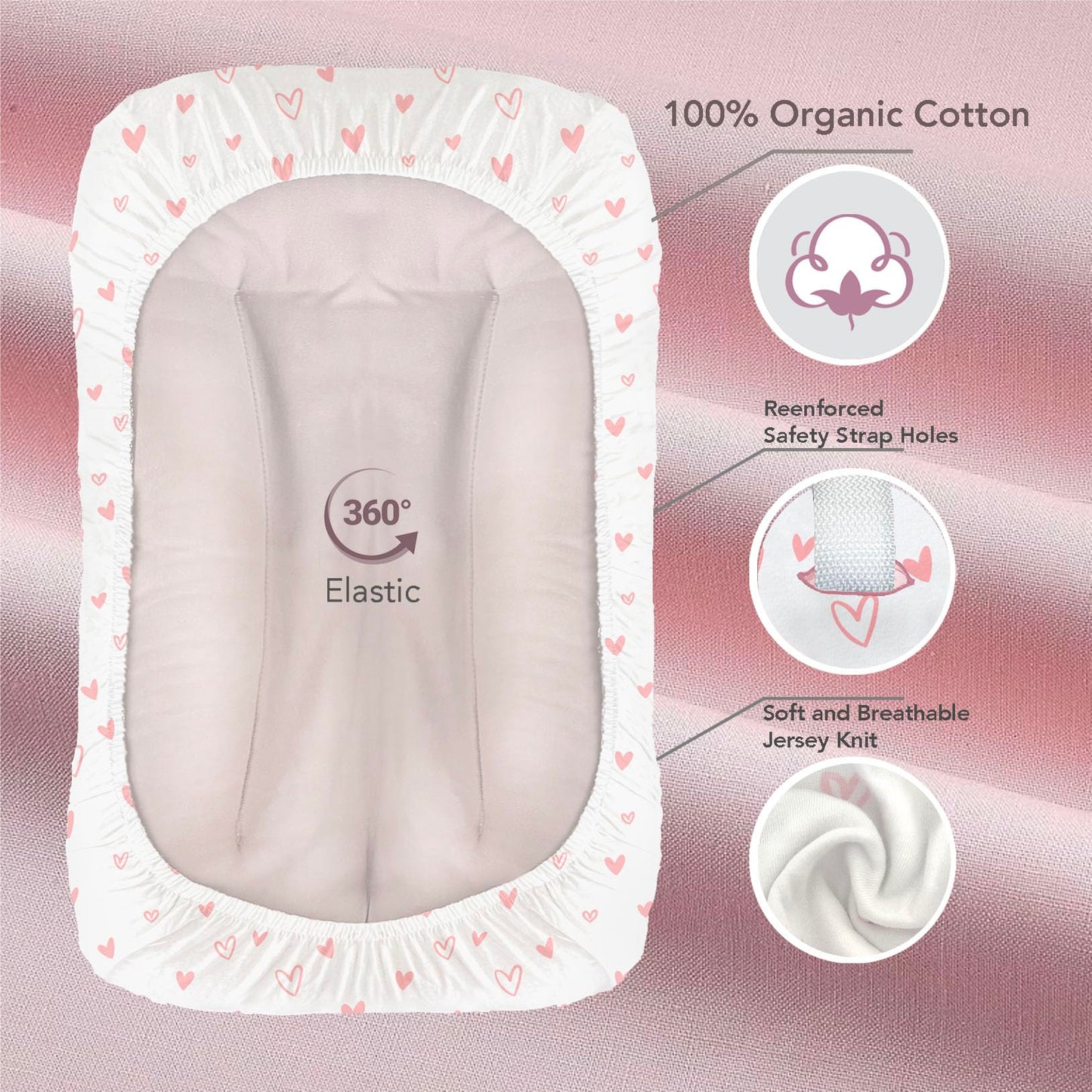 100% Organic Cotton Baby Lounger or Changing Pad Covers with Reenforced Safety Strap Holes. Fits Evolur, Munchkin, Delta, Snuggle Me and More. Multi-Use, Pink for Girl. 3 Pk of Covers Only.