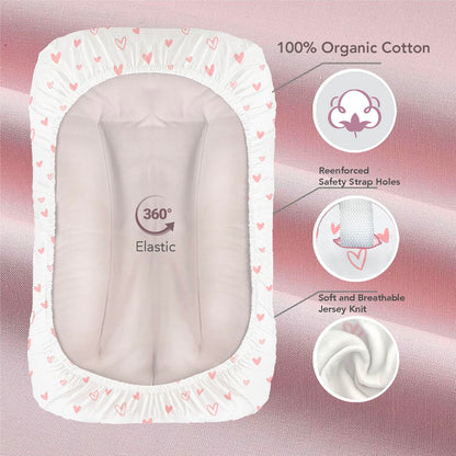 100% Organic Cotton Baby Lounger or Changing Pad Covers with Reenforced Safety Strap Holes. Fits Evolur, Munchkin, Delta, Snuggle Me and More. Multi-Use, Pink for Girl. 3 Pk of Covers Only.