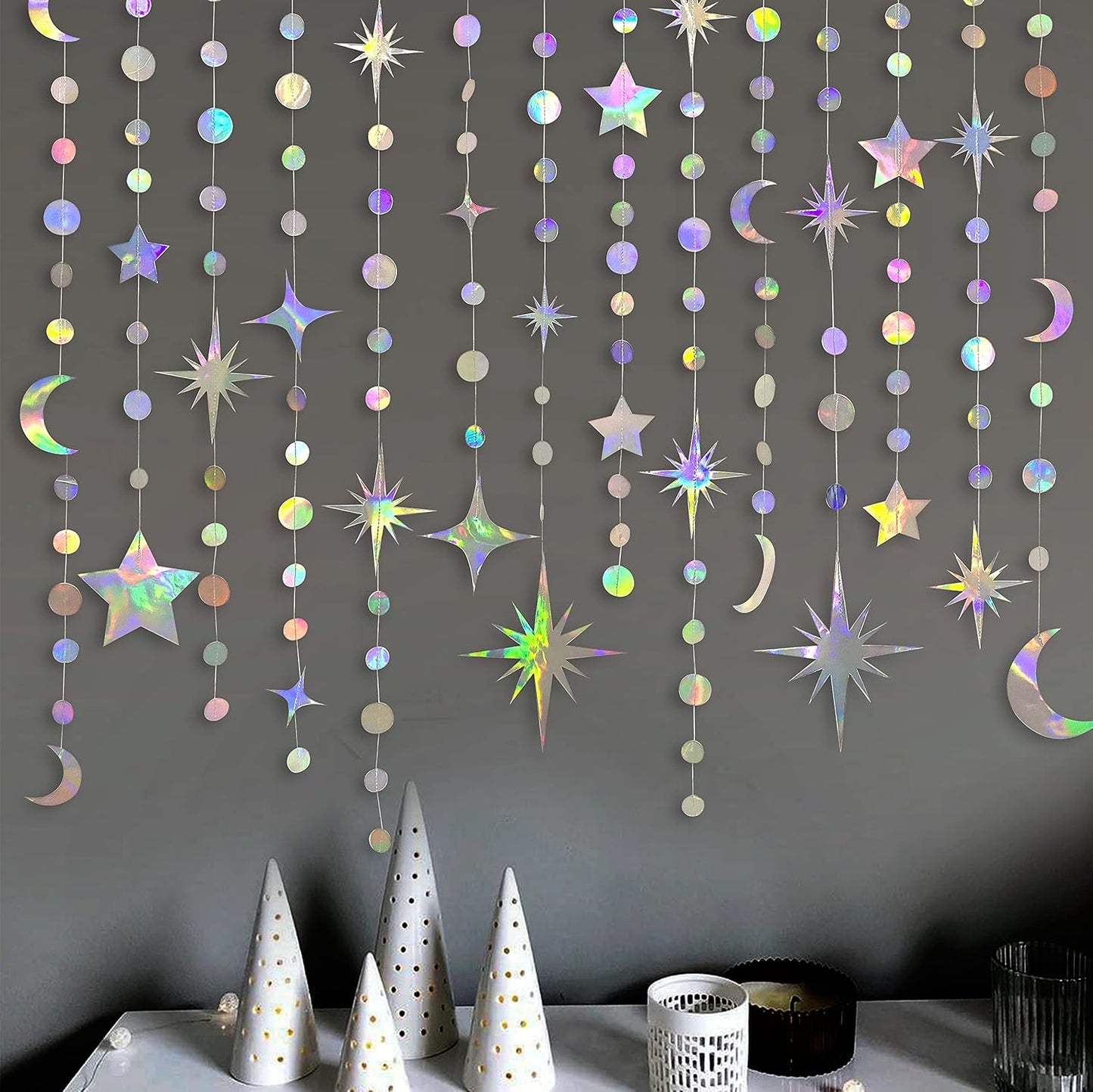 Iridescent Star Moon Circle Dot Garland Party Decoration Kit Hanging Crescent and Twinkle Little Star Streamer Bunting Banner for Kids First Birthday Ramadan EID Mubarak Baby Shower Wedding Decor