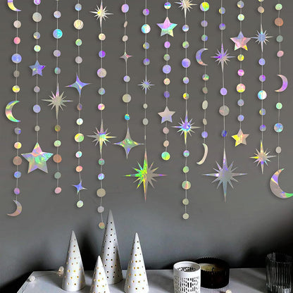 Iridescent Star Moon Circle Dot Garland Party Decoration Kit Hanging Crescent and Twinkle Little Star Streamer Bunting Banner for Kids First Birthday Ramadan EID Mubarak Baby Shower Wedding Decor