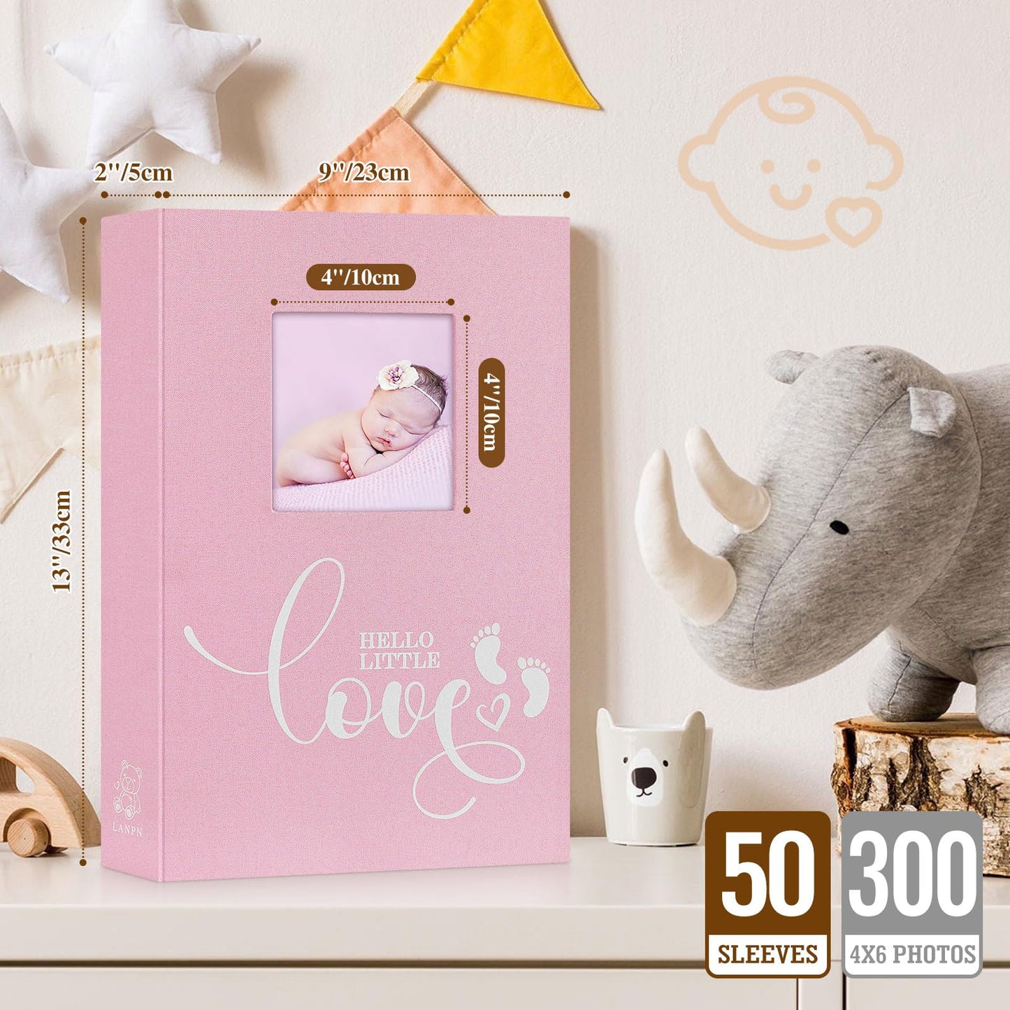 Lanpn Baby Photo Album 4x6 600 Pockets, Linen cover Newborn Bebe Memory Book Photobook Holds 600 Horizontal and Vertical Pictures, Picture Album with Front Window Gift for Boy Girl Baby Shower Pink