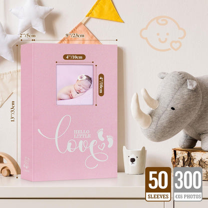 Lanpn Baby Photo Album 4x6 600 Pockets, Linen cover Newborn Bebe Memory Book Photobook Holds 600 Horizontal and Vertical Pictures, Picture Album with Front Window Gift for Boy Girl Baby Shower Pink