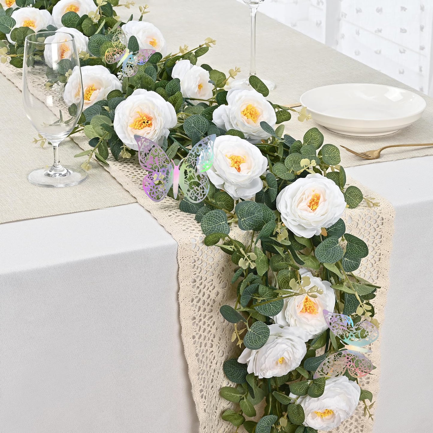Yastouay 6.4 Ft Fuller Artificial Eucalyptus Garland with Champagne Flowers Fake Rose Vine for Table Centerpiece Wedding Baby Shower Party Room Backdrop Decor
