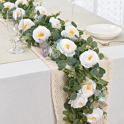 Yastouay 6.4 Ft Fuller Artificial Eucalyptus Garland with Champagne Flowers Fake Rose Vine for Table Centerpiece Wedding Baby Shower Party Room Backdrop Decor