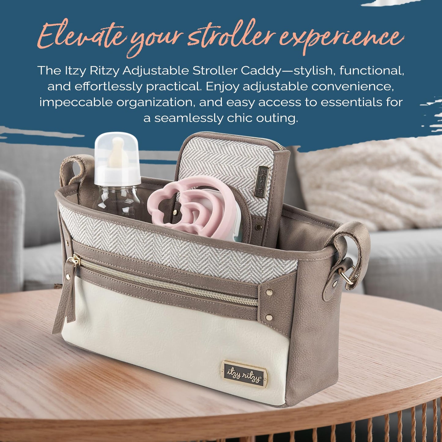 Itzy Ritzy Adjustable Stroller Caddy and Organizer Bag Featuring Front Zippered Pocket, 2 Built-in Interior Pockets & Adjustable Straps to Fit Nearly Any Stroller (Chai)