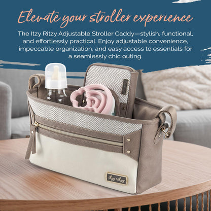 Itzy Ritzy Adjustable Stroller Caddy and Organizer Bag Featuring Front Zippered Pocket, 2 Built-in Interior Pockets & Adjustable Straps to Fit Nearly Any Stroller (Chai)