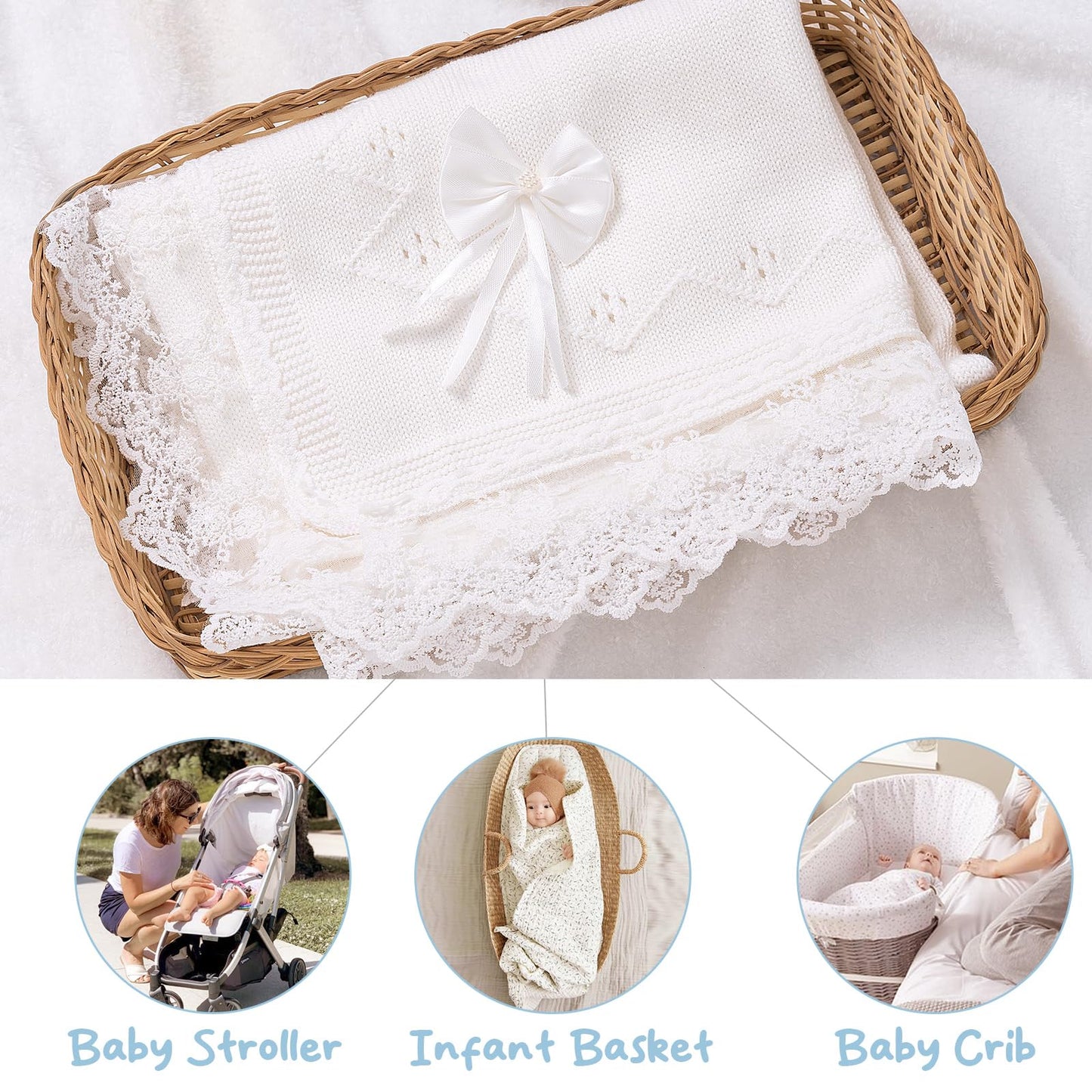 Booulfi Knit White Baby Blankets Neutral,Crib Stroller Newborn Blankets for Boys Girls,Cotton Lace Crochet Winter Blanket Nursery Blanket New Baby Essentials, 38X39