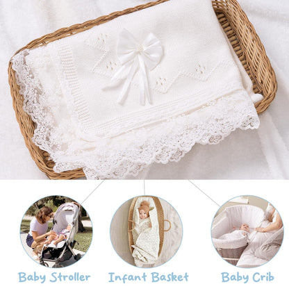 Booulfi Knit White Baby Blankets Neutral,Crib Stroller Newborn Blankets for Boys Girls,Cotton Lace Crochet Winter Blanket Nursery Blanket New Baby Essentials, 38X39