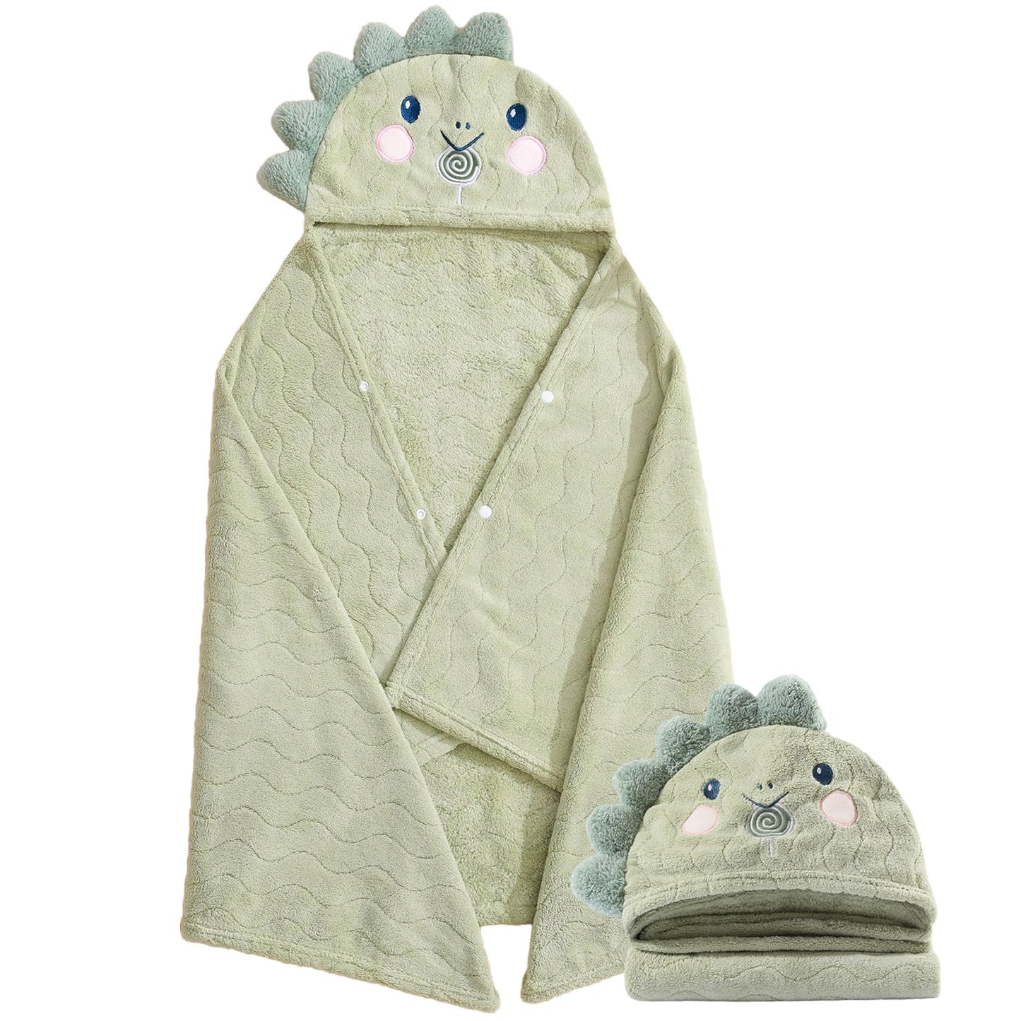 Unisex Toddler Bath Towel with Hood, 27.5"X55", Green, Anime Dinosaur Pattern, Coral Fleece, Machine Wash, 1 Count