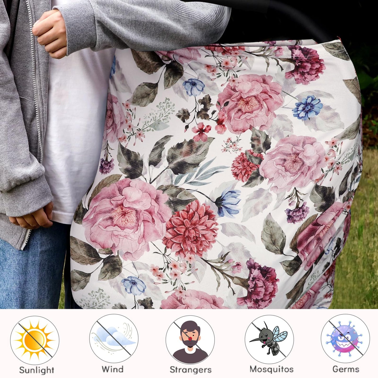 Nursing Cover Breastfeeding, Multi-use Baby CarSeat Cover Girls, Infant Stroller Car Seat Cover, Stretchy Carseat Canopy, Soft Breathable, Peony