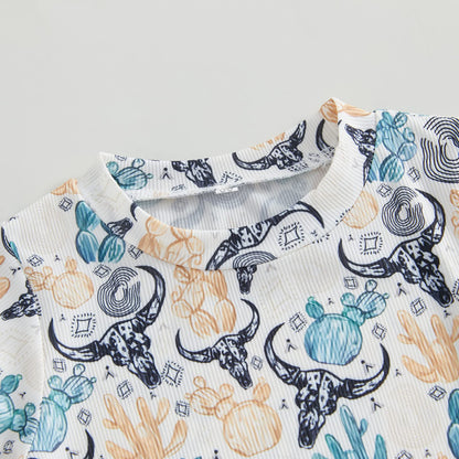 Gueuusu Country Baby Clothes Boy Girl Western Cow Print Short Sleeve Romper Bodysuit Ribbed One Piece Jumpsuit Summer Outfit