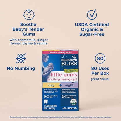 Mommy's Bliss Organic Little Gums Soothing Massage Gel Day and Night Combo, Great for Teething Babies, Age 2 Months+, Sugar Free, Mild & Sweet Flavor, 2 - 0.53 Oz Tubes (Pack of 1)