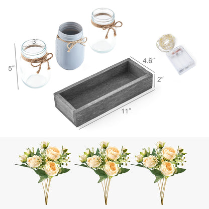 Mkono Mason Jar Lights Centerpiece Table Decor for Dining Room Farmhouse Wood Tray with 3 Jars Flowers Summer Decoration for Coffee Table Kitchen Living Room Wedding