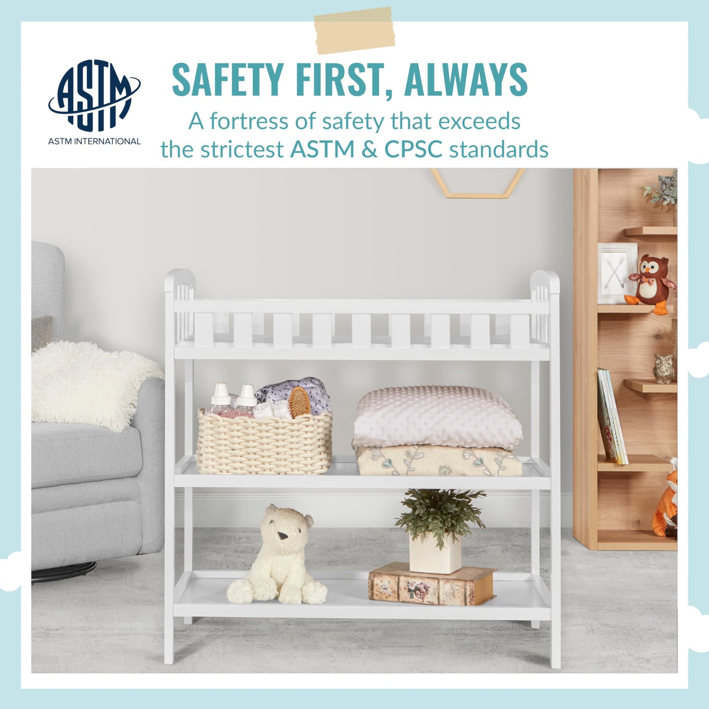 Dream On Me Emily Changing Table In Natural, Comes With 1" Changing Pad, Features Two Shelves, Portable Changing Station, Made Of Sustainable New Zealand Pinewood