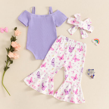 Fernvia Infant Baby Girl Clothes Suspenders Short Sleeve Ribbed Romper Flared Pants Set Headband 3pcs Summer Outfit