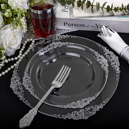 Morejoy 175PCS Rose Gold & Silver Plastic Dinnerware Set: 25 Plates, 25 Forks, 25 Knives, 25 Spoons, 25 Cups, 25 Napkins - Perfect for Wedding & Party