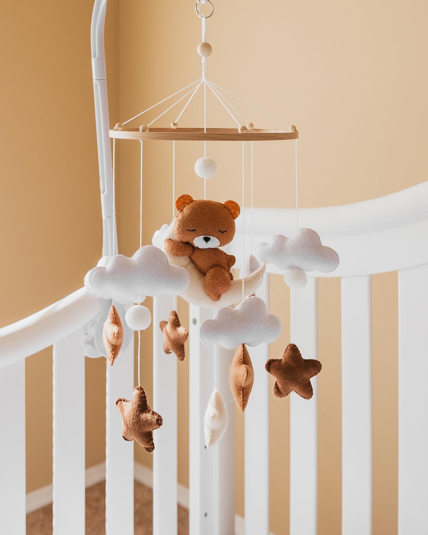 Girl Teddy Bear Mobile for Crib, Felt Ball Mobile Bear Crib Mobile Pink Bear Baby Shower, Gift Baby Nursery Decor Kids Mobile, Bear Stars Bird Mobile Mobile arm is NOT Included