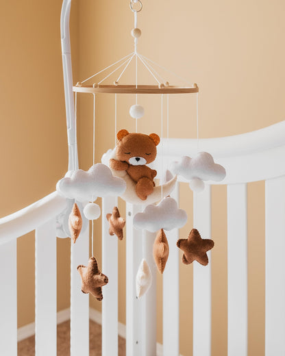 Girl Teddy Bear Mobile for Crib, Felt Ball Mobile Bear Crib Mobile Pink Bear Baby Shower, Gift Baby Nursery Decor Kids Mobile, Bear Stars Bird Mobile Mobile arm is NOT Included