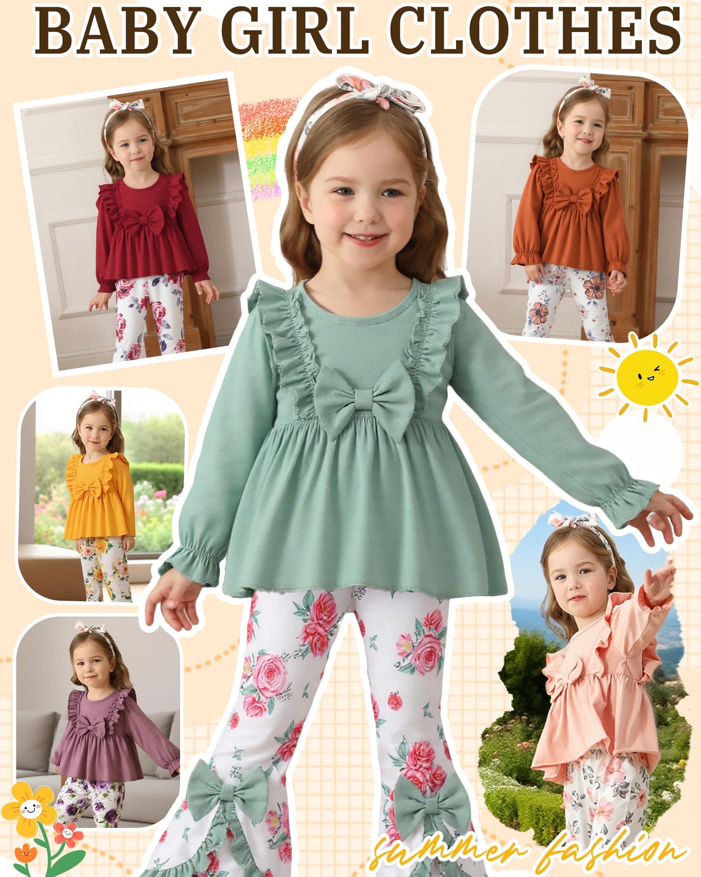 Toddler Baby Girl Clothes Fall/Winter Girls Outfits Ruffle Long Sleeve Tops Floral Flared Pants Girls' Clothing Sets