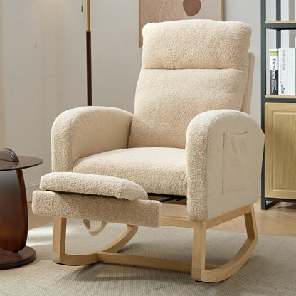 NIOIIKIT Modern Nursery Rocking Chair, Teddy Upholstered Rocking Chair with Footrest, Comfortable Glider Rocker with Side Pocket for Living Room, Bedroom, Nursing Room (Beige)