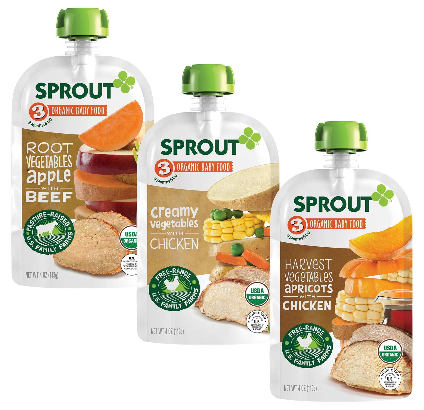 Sprout Organics Baby Food, Root Veg & Beef, Creamy Veg & Chicken, Plant-Based Chickpea Protein Pack, 8+ Months, 4 Oz Purees (Pack of 18)