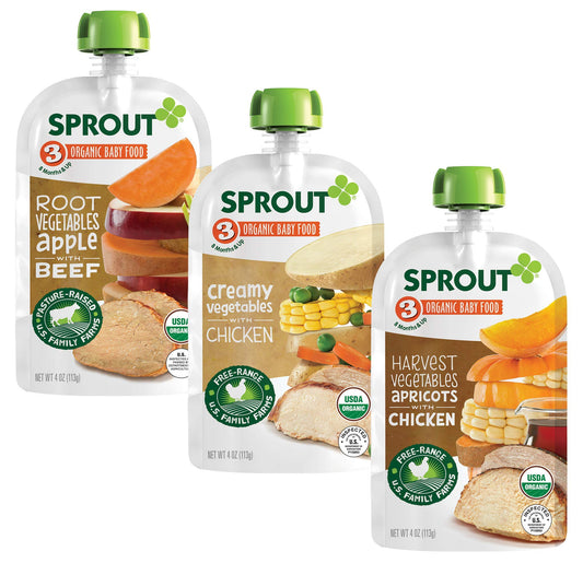 Sprout Organics Baby Food, Root Veg & Beef, Creamy Veg & Chicken, Plant-Based Chickpea Protein Pack, 8+ Months, 4 Oz Purees (Pack of 18)